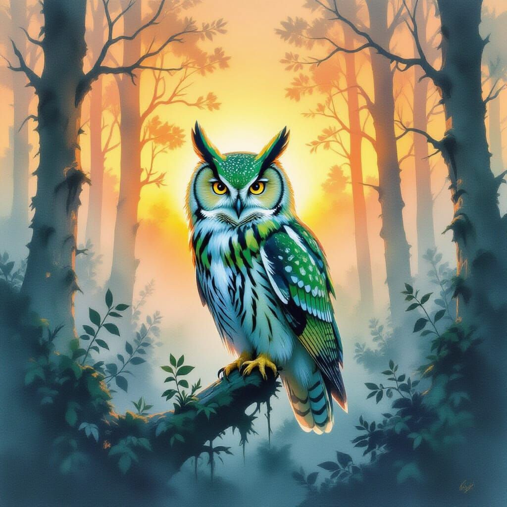 Neon Owl in Misty Forest: Stylized Watercolour