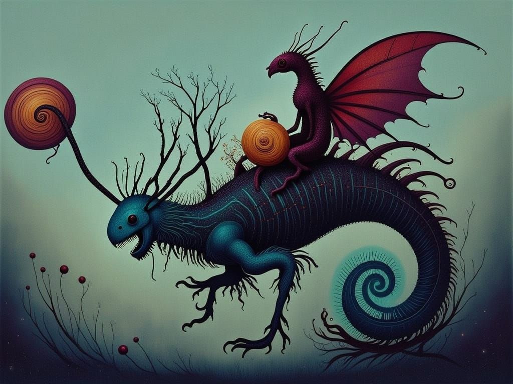 Iridescent Dragon on Leviathan Skeleton Oil Painting