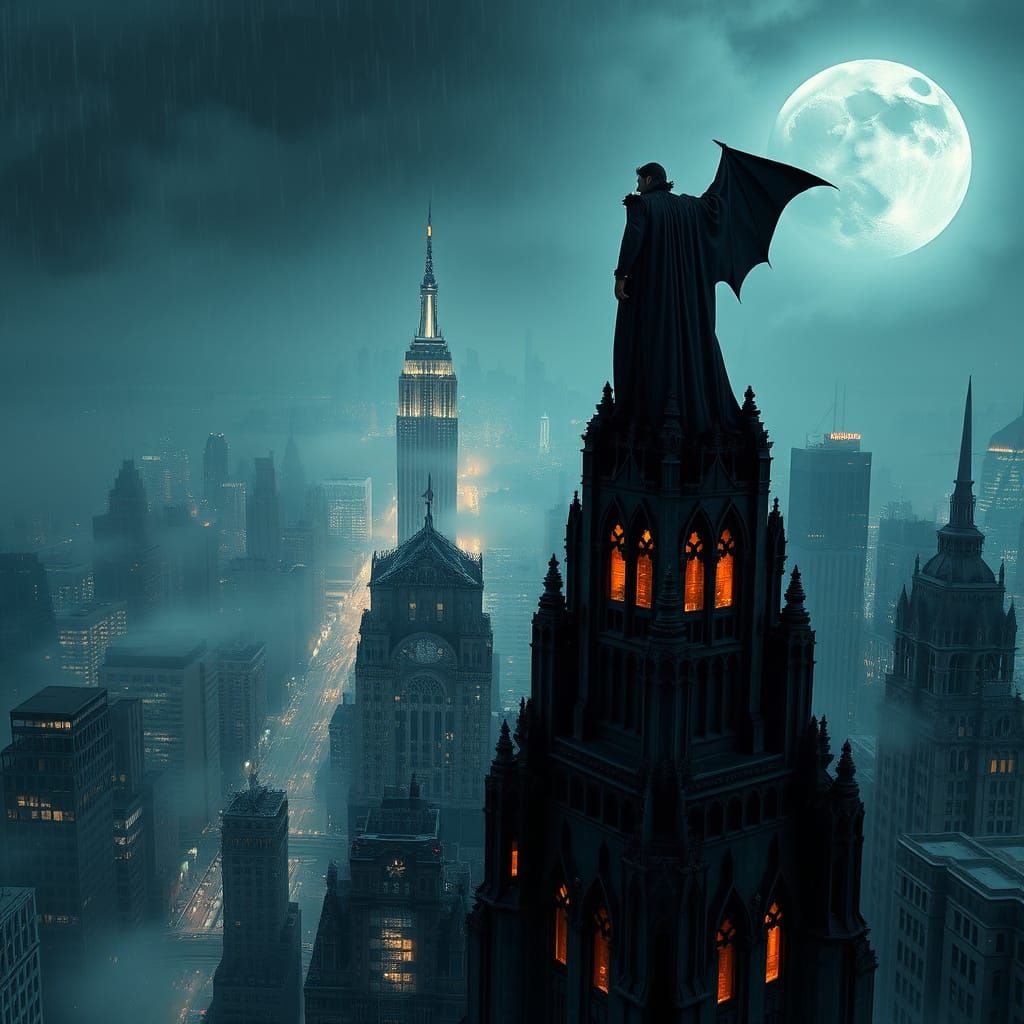 Ethereal Vampire Reigns Over New York Cityscape in Cyberpunk...