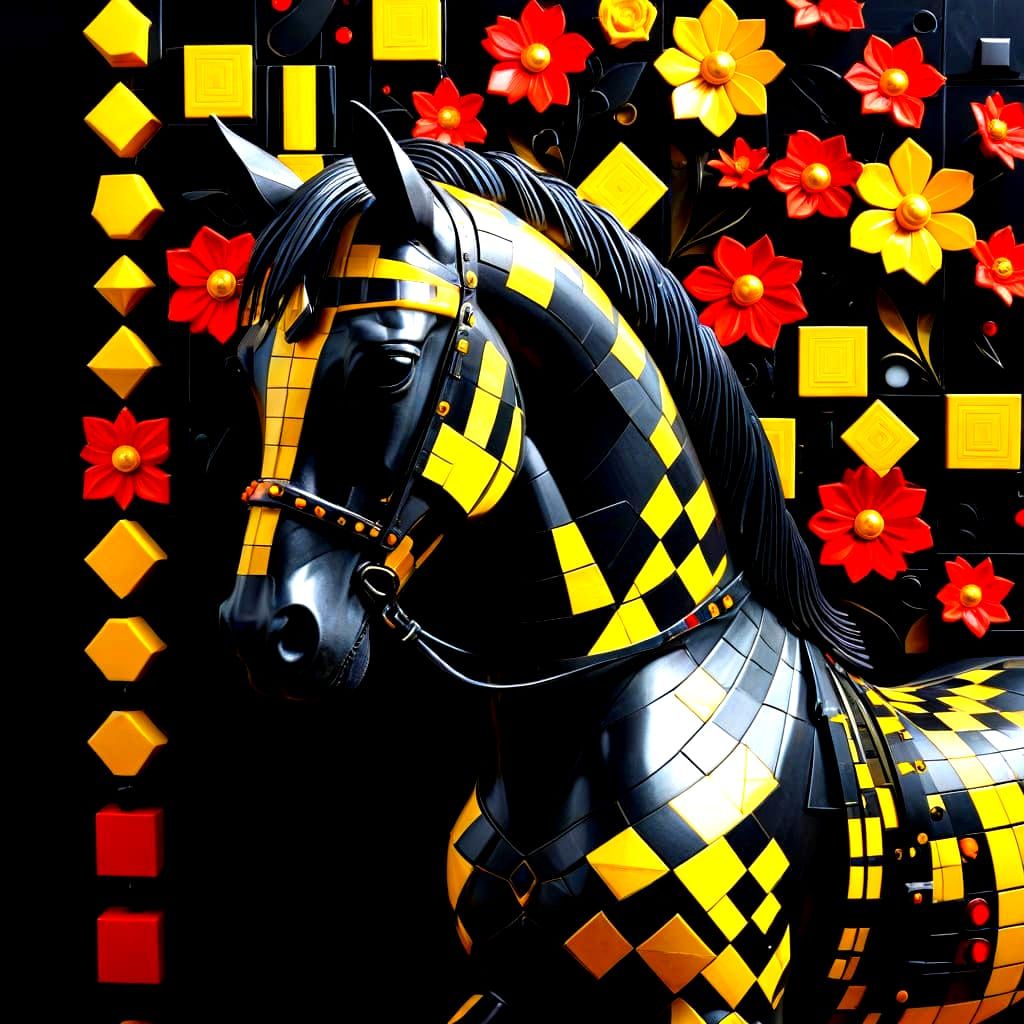 un cheval en relief 3D, le corps entier les pattes en l'air cabré, et composé de perles rouges et boutons de blancs et n...