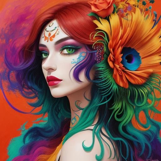 Abstract Portrait of Woman with Peacock Feathers