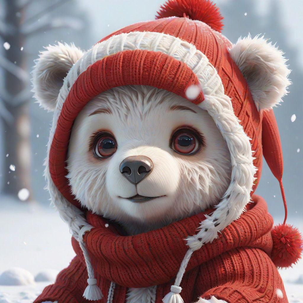 Cute Baby Bear in Snowy 3D Anime Art