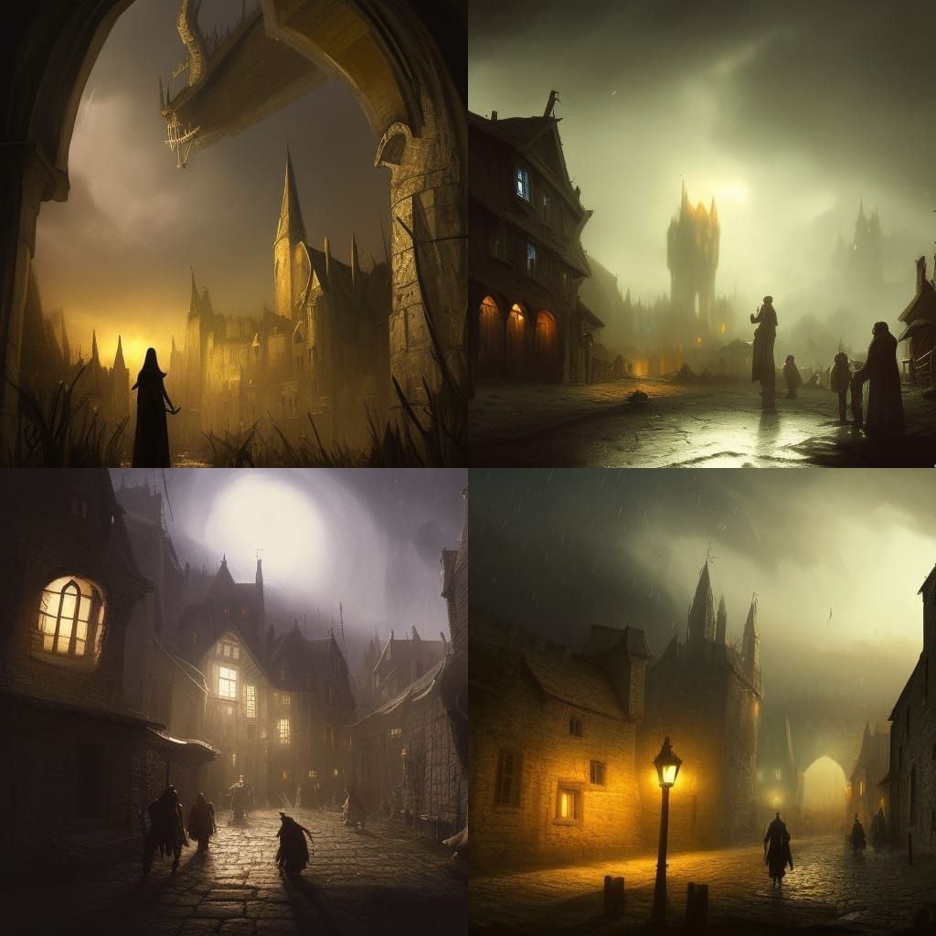 Medieval Village Under Night Sky, Dark Fantasy Art