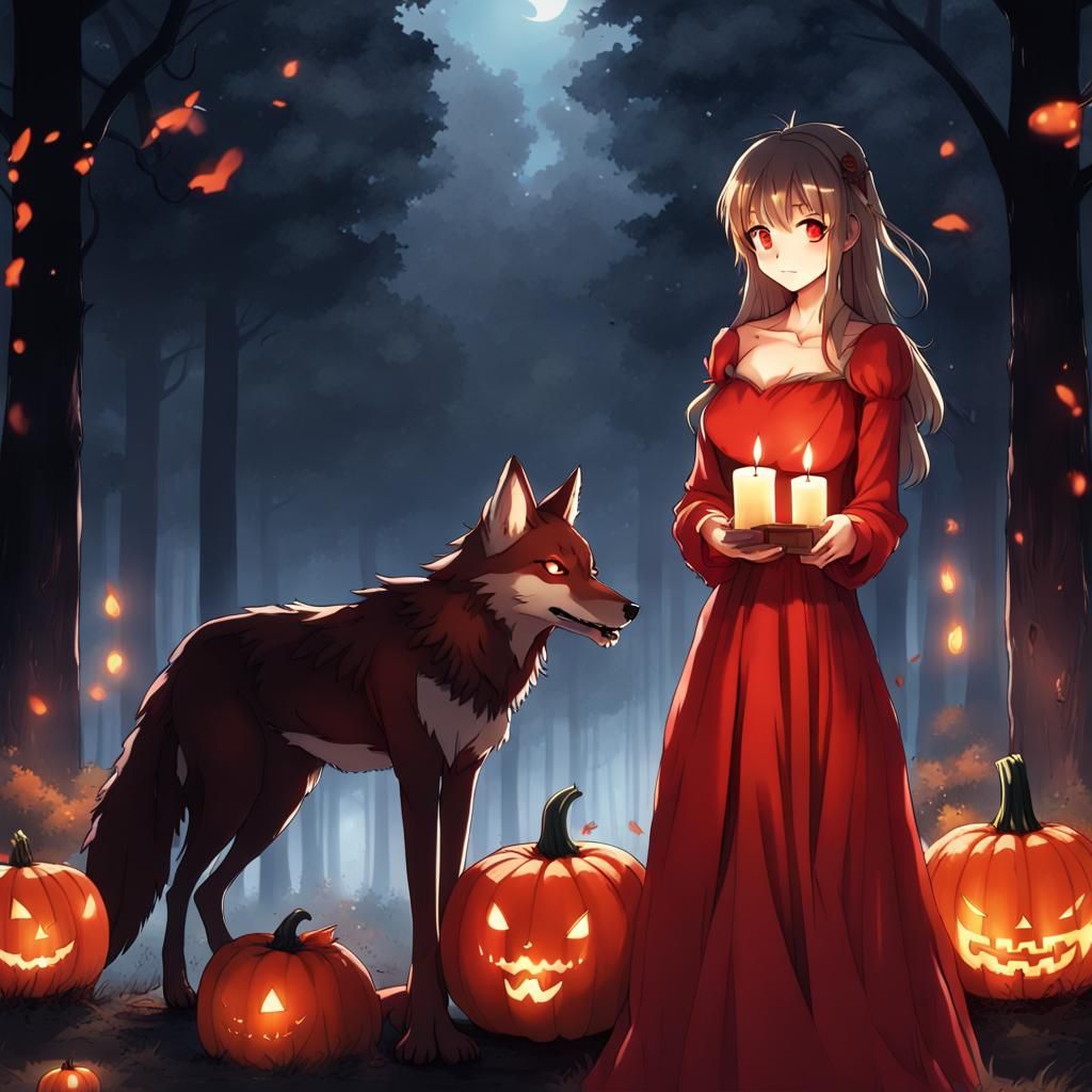 Girl with Red Wolf in Dark Forest, Anime Style