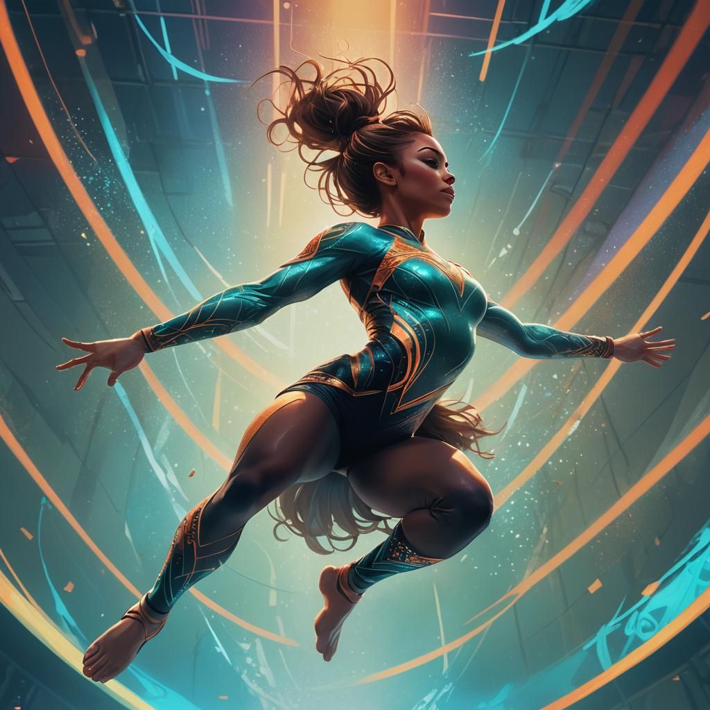 Gymnast's Dynamic Backflip on Neon Stage in Art Nouveau Styl...