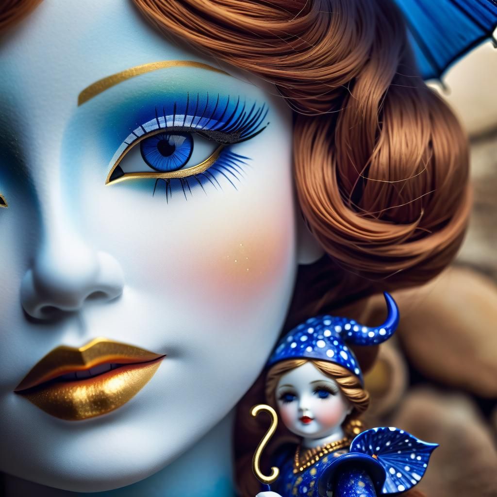 Cosmic Porcelain Doll with Umbrella in Spacecore Style