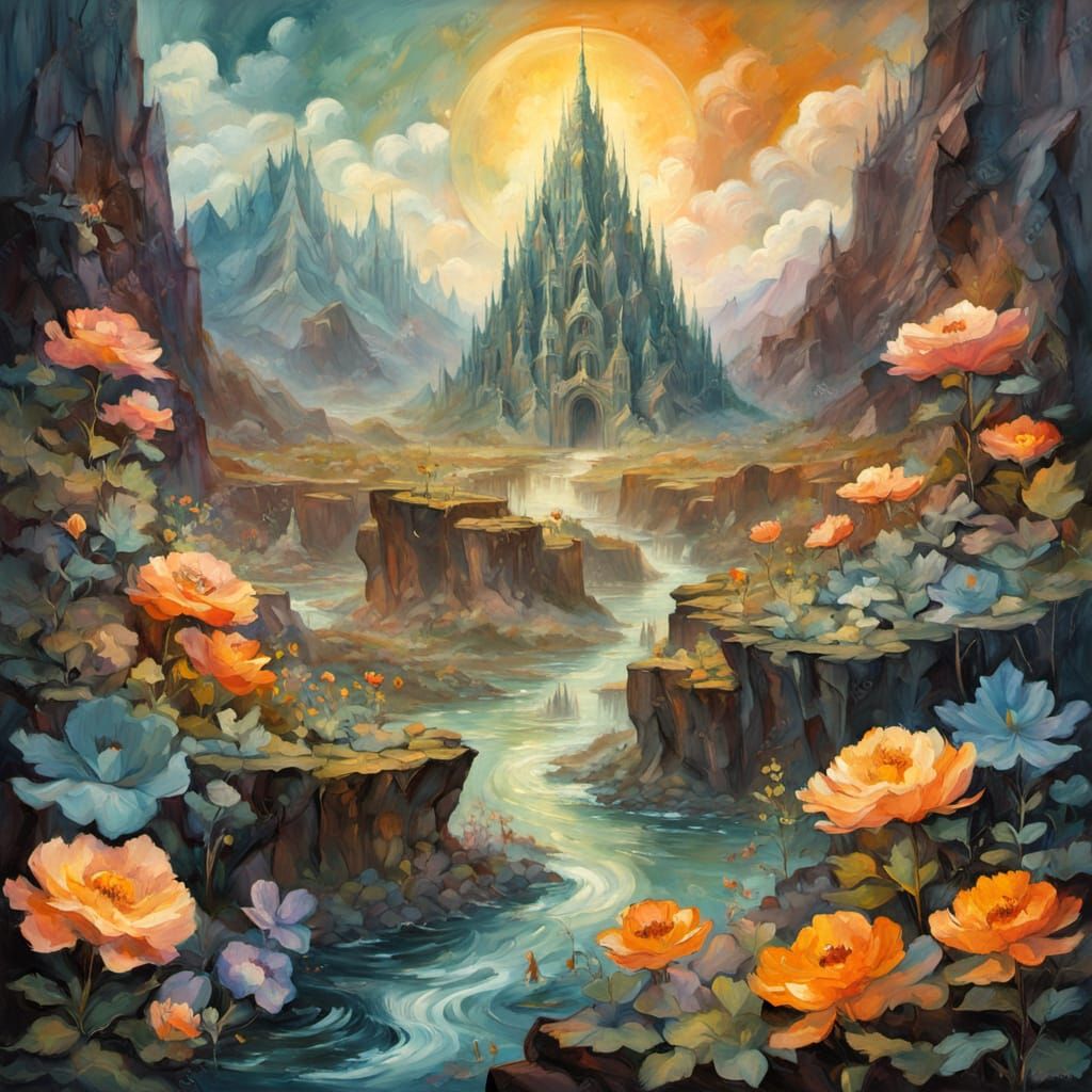 Surreal Dream-Temple Landscape in Glass and Foil