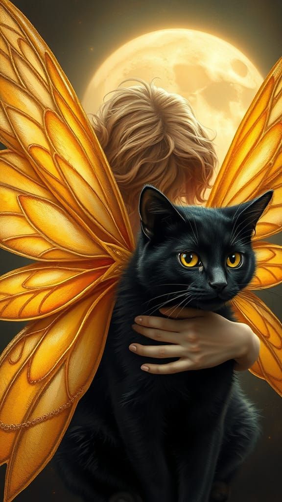Golden Fairy with Black Cat in Oil Painting Style