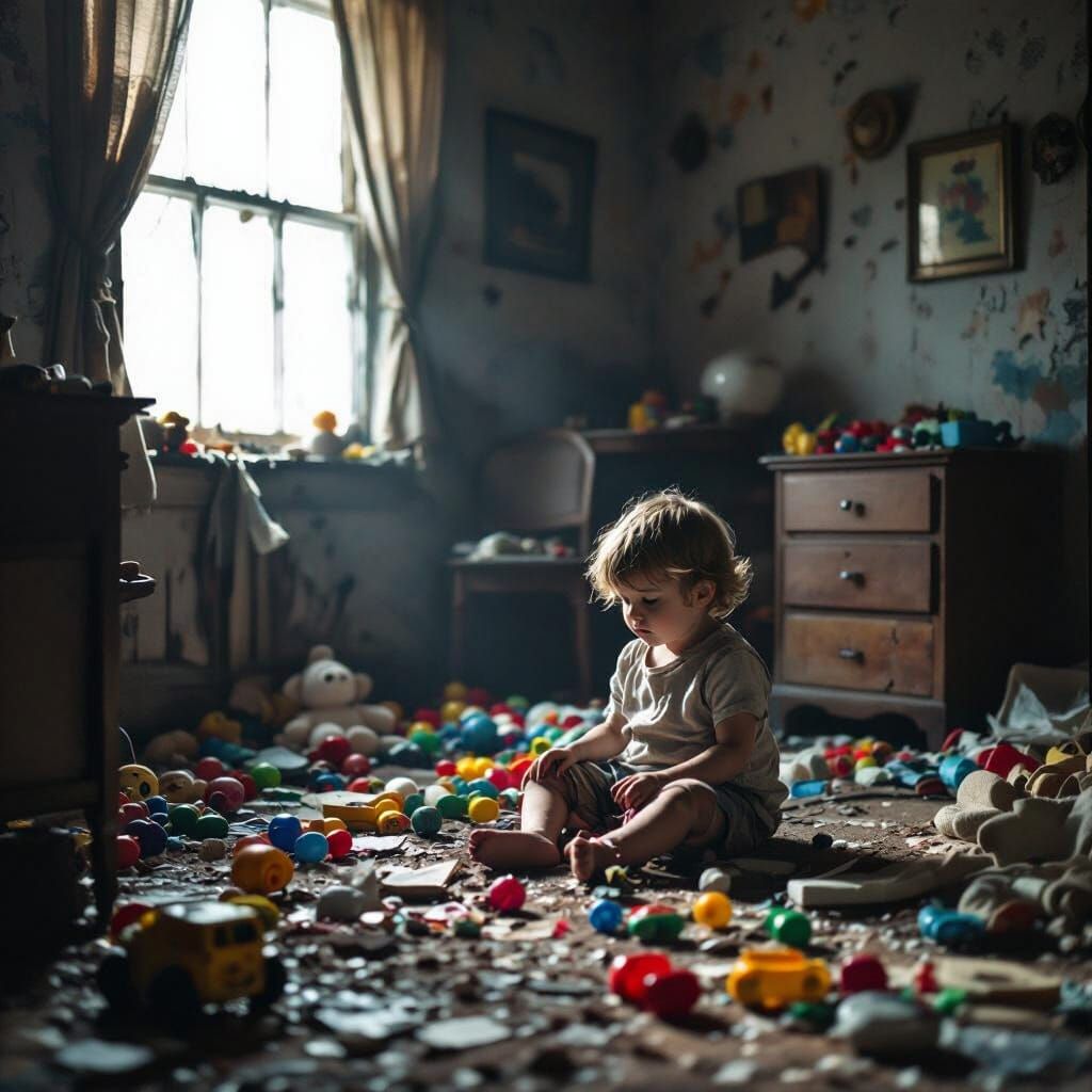 Dusty Abandoned Child's Room with Broken Furniture and Toys