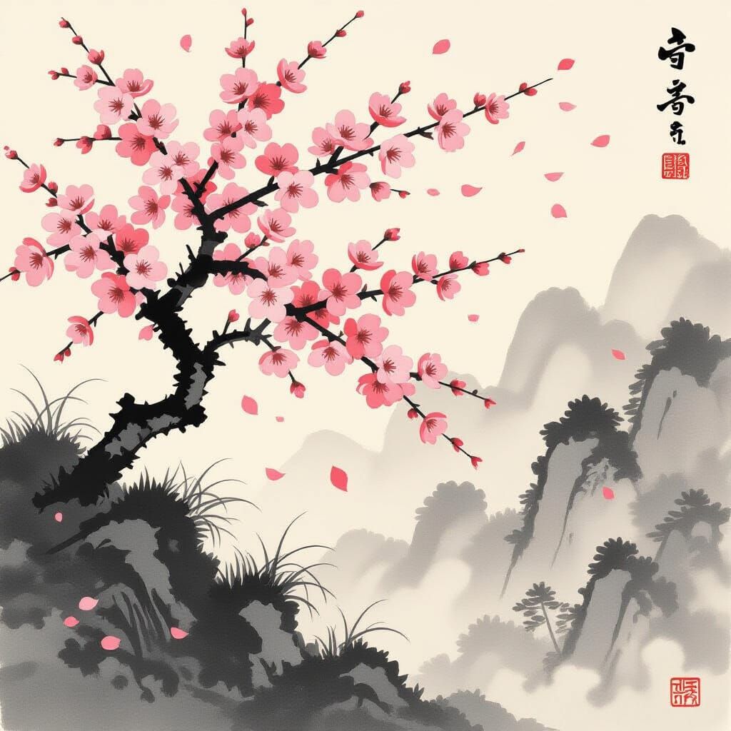 Sakura Blossoms in Minimalist Japanese Ink and Oil Style