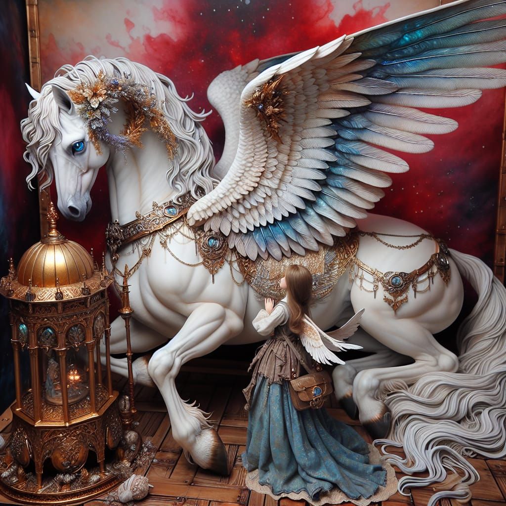 Envision a picture featuring an adult pegasus with a majesti...