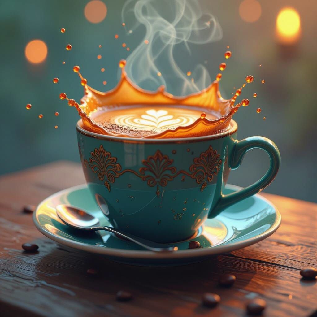 Hyperdetailed Coffee Splash Art in Orange and Teal
