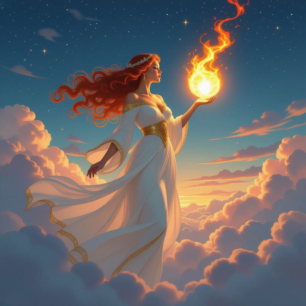 Celestial Woman with Fiery Spirit Among Twilight Clouds