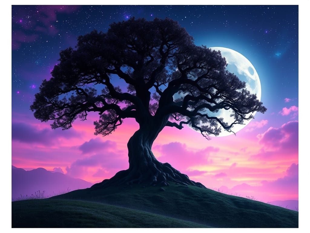 Majestic Tree Silhouette Under Vibrant Moonlit Sky