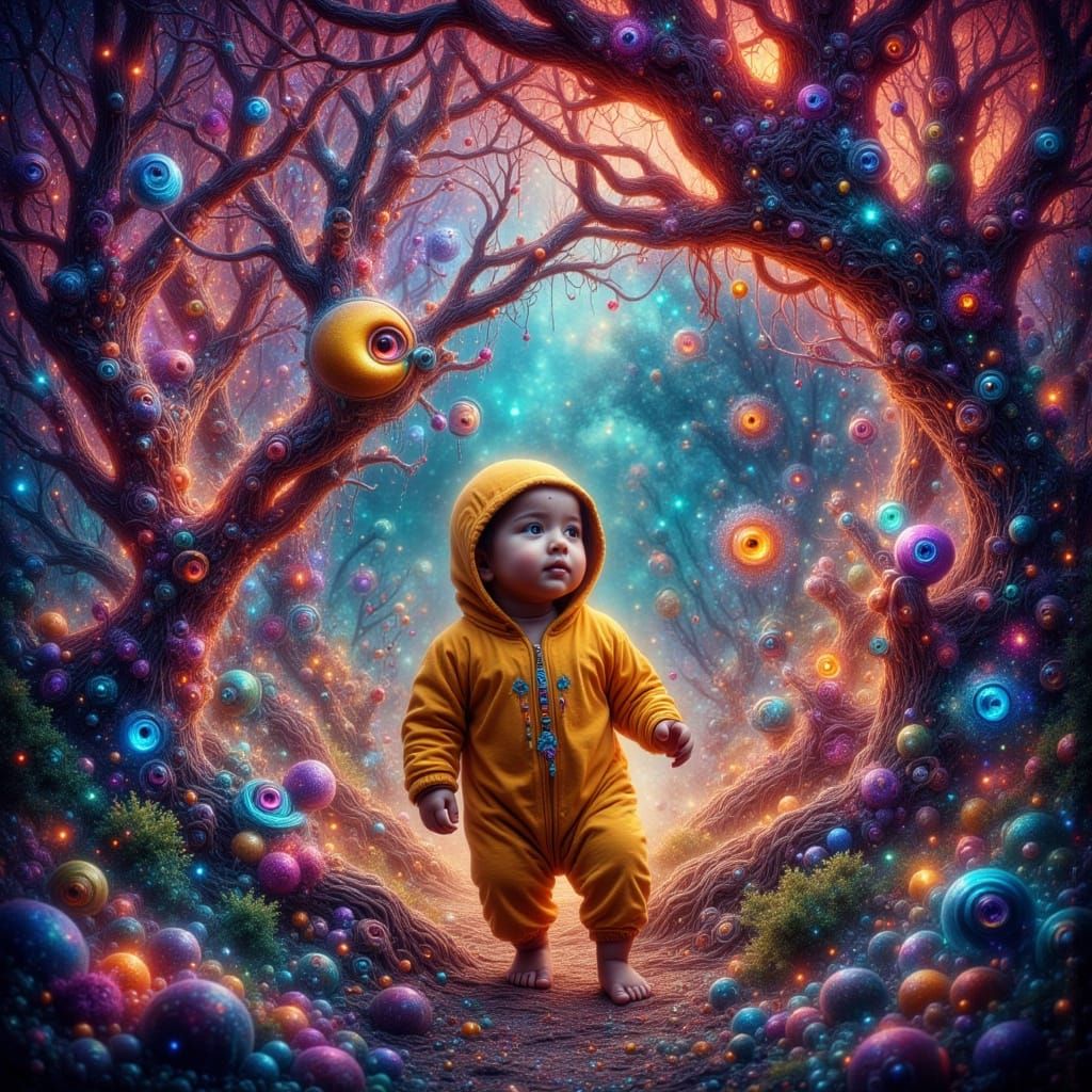 Baby Crawls Through Whimsical Forest in Anime Style