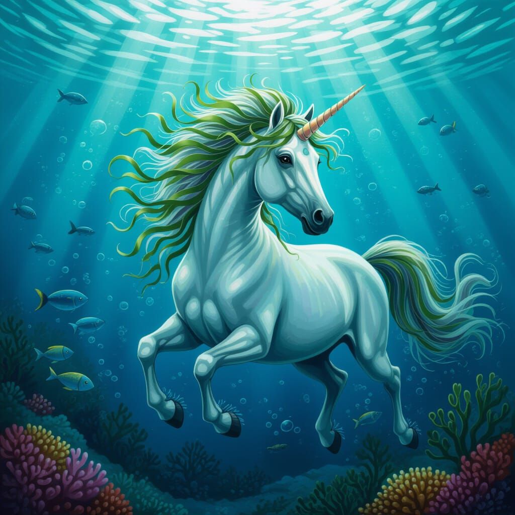 Underwater Seaweed Mane Unicorn: Detailed Painting