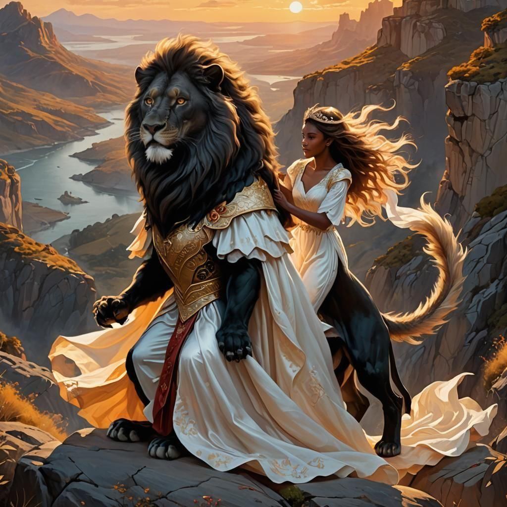 Lion-Dragon Roaring at Sunset with Princess
