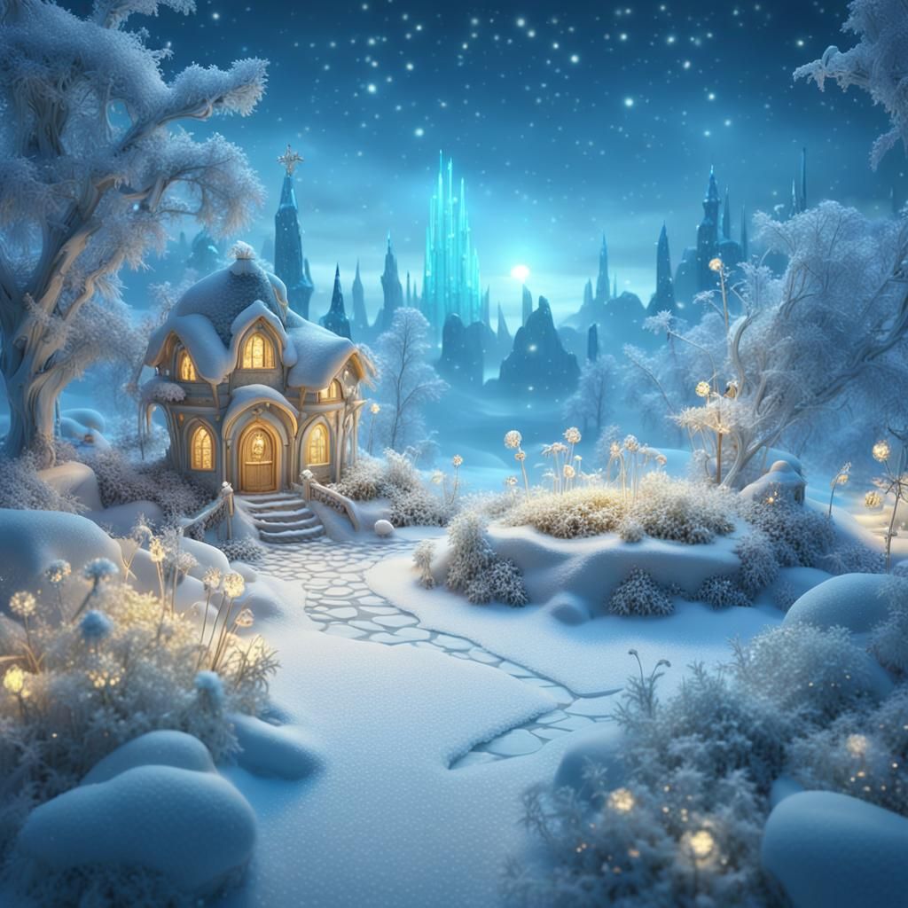 Whimsical Snowy Fantasy Wonderland in Dreamlike Realism