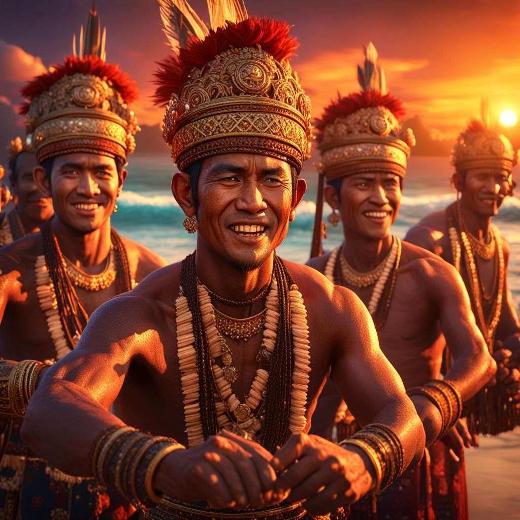Balinese Men Performing Kechak Ritual at Sunset
