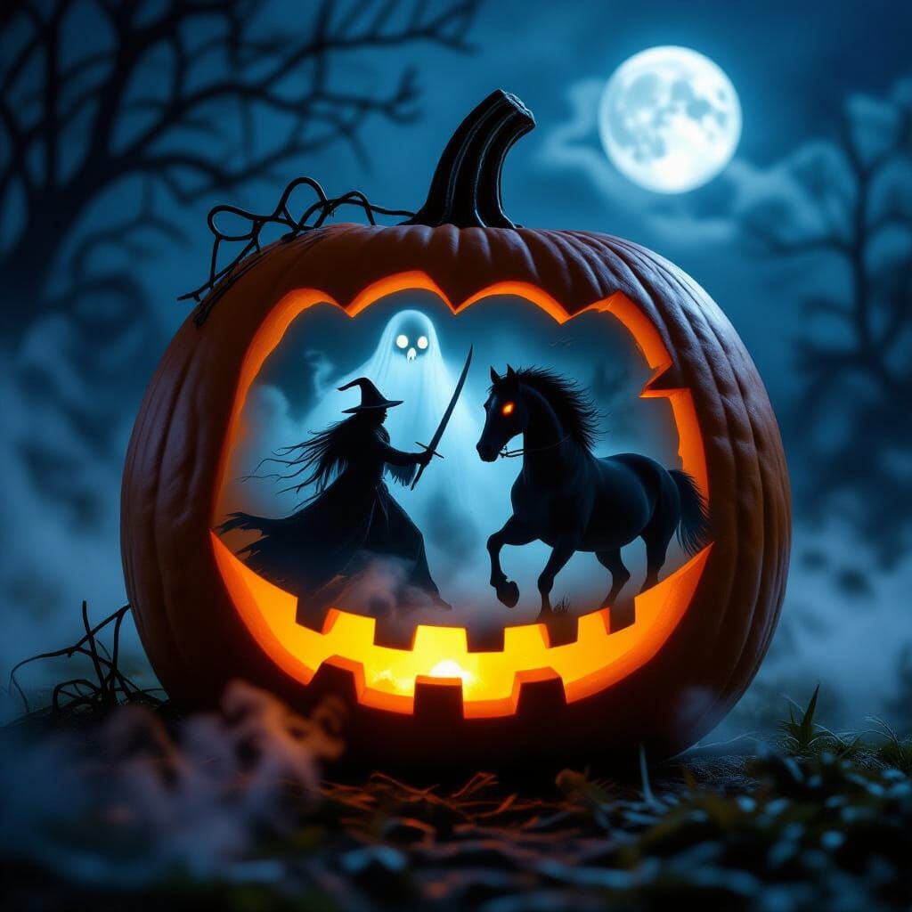 Halloween Double Exposure: Spooky Pumpkin and Ghostly Horsem...