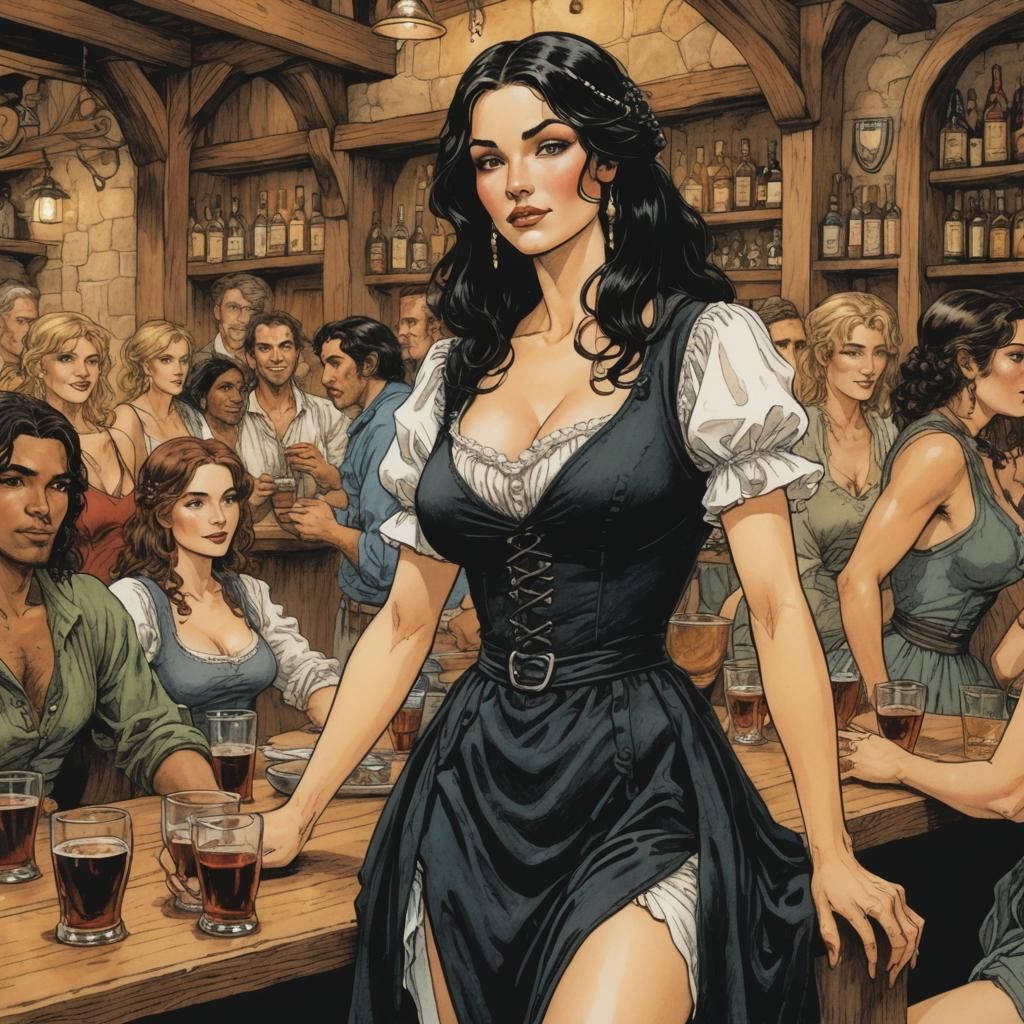 Tavern Wench Flirting, Black Ink Comic Style