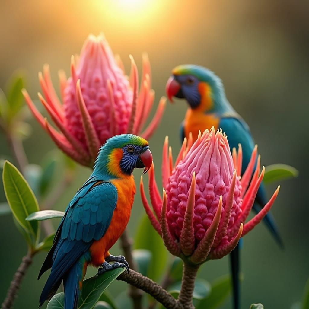 Australian Proteas in Golden Light, Hyperrealistic 8K