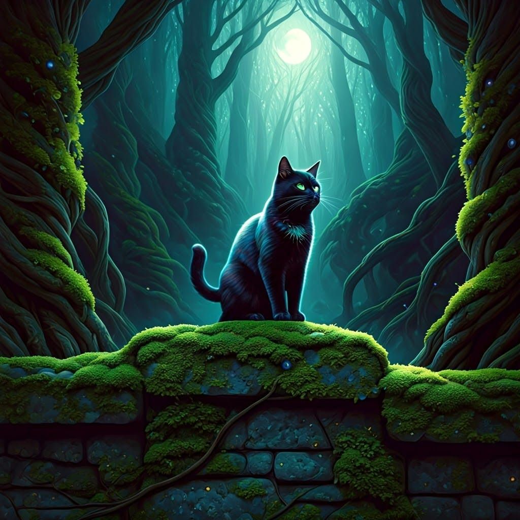 Iridescent Black Cat in Dreamlike Moonlit Landscape