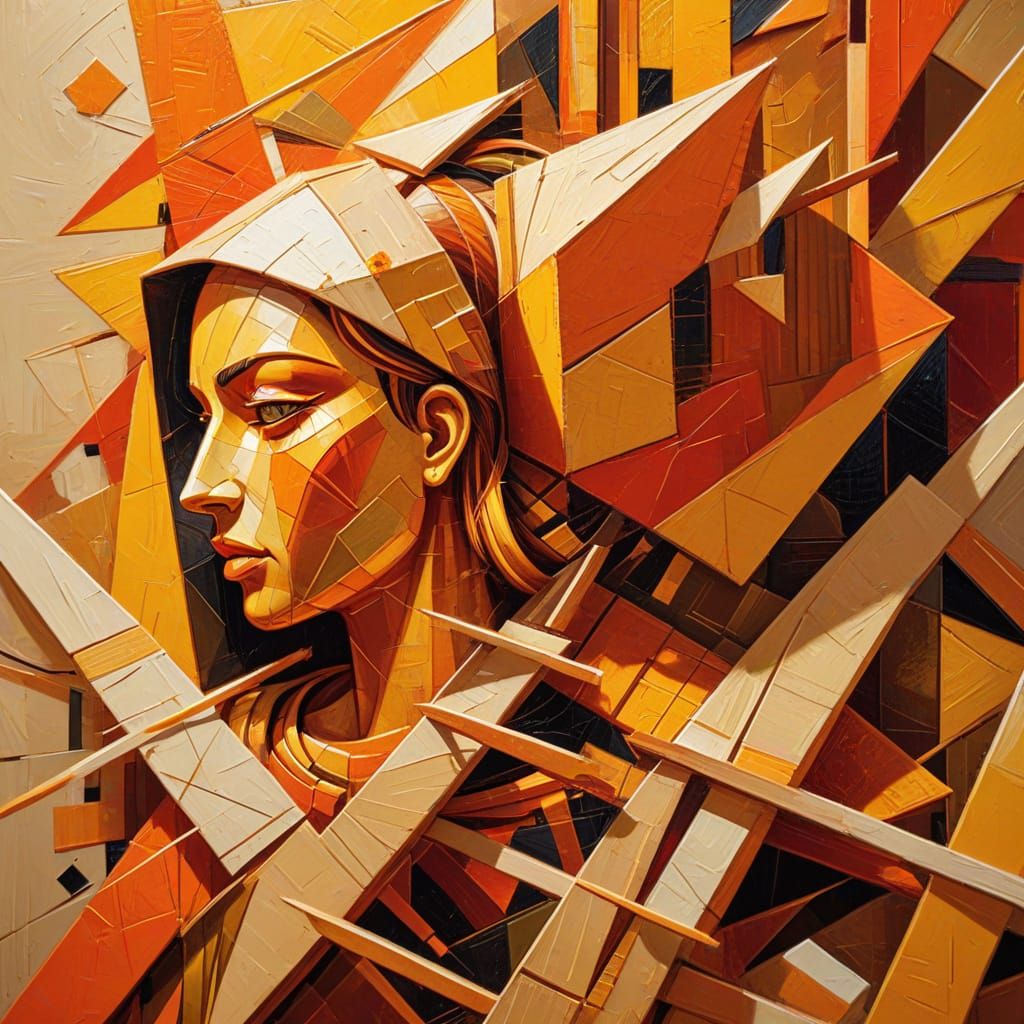 Geometric Cubist Painting with Layered Vibrant Threads