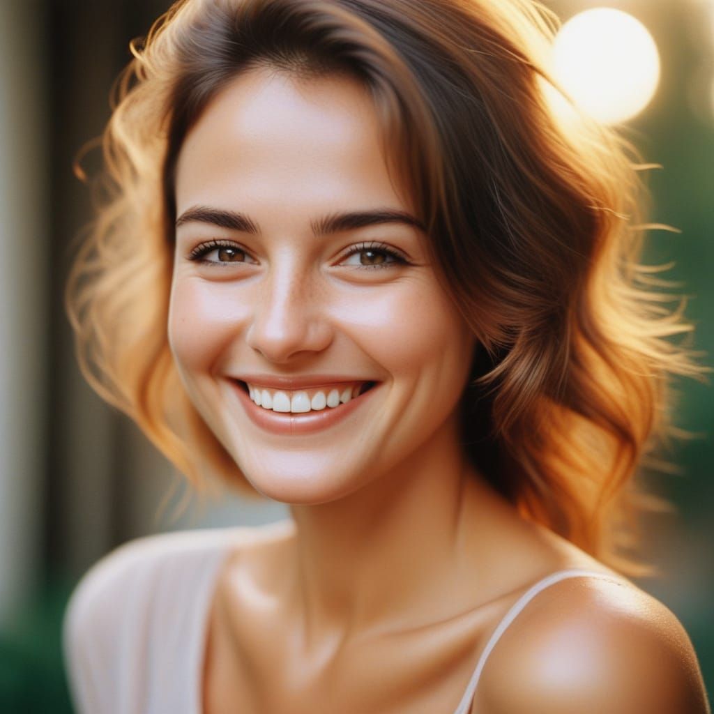 Warm Portrait of Smiling Woman with Film Grain
