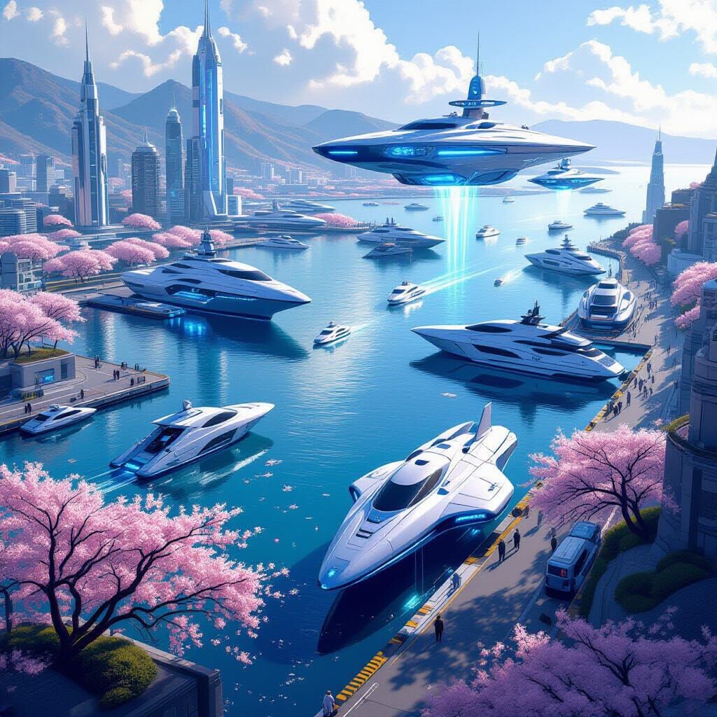 Futuristic Harbor with Cherry Trees and Spaceships