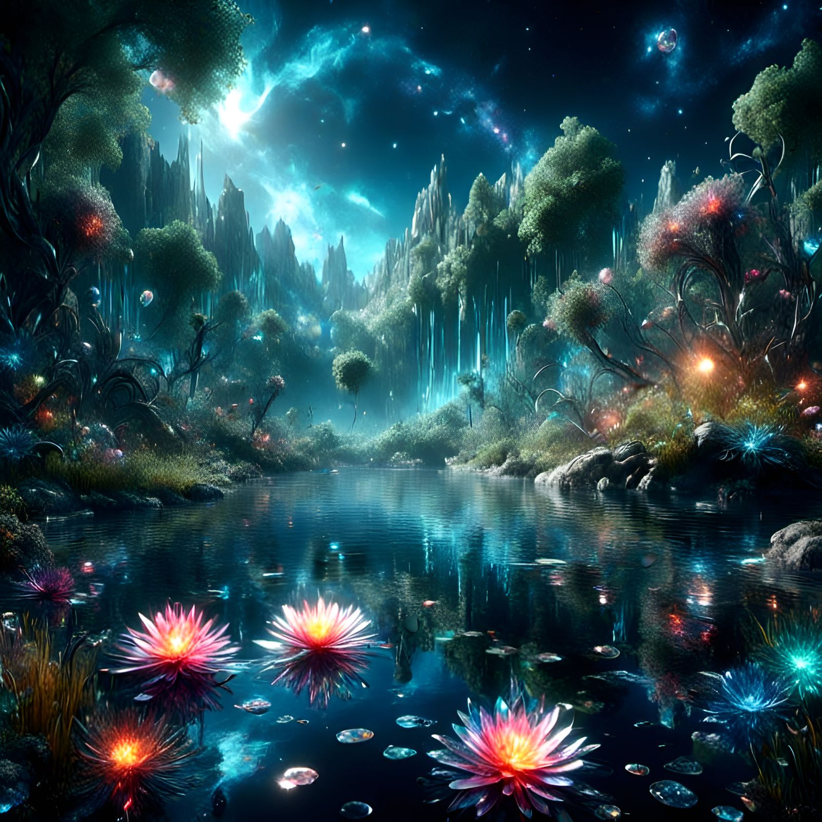 Reflective Crystal Pond with Anime Flowers