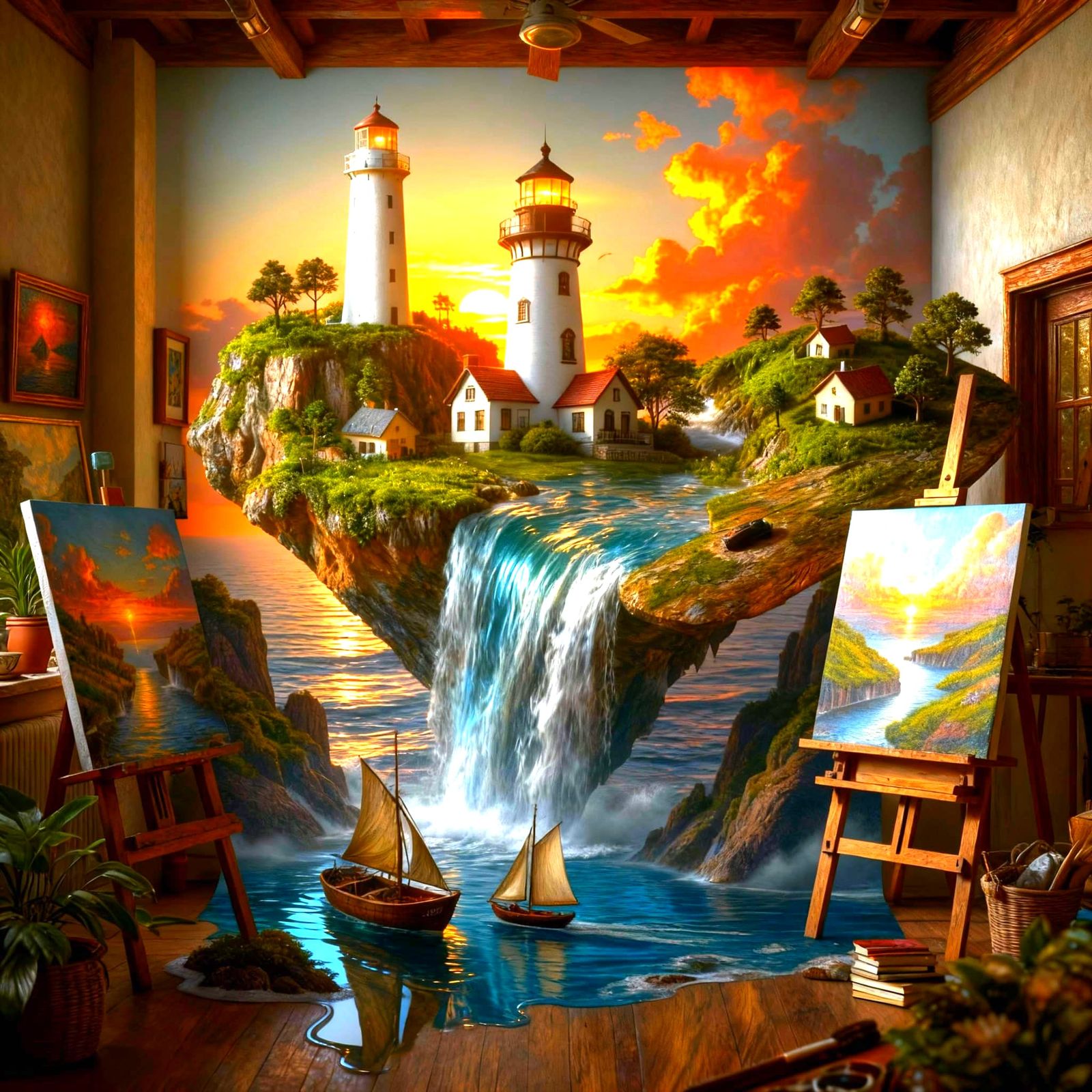 Hyperrealistic Floating Island Coastal Landscape with Artist...