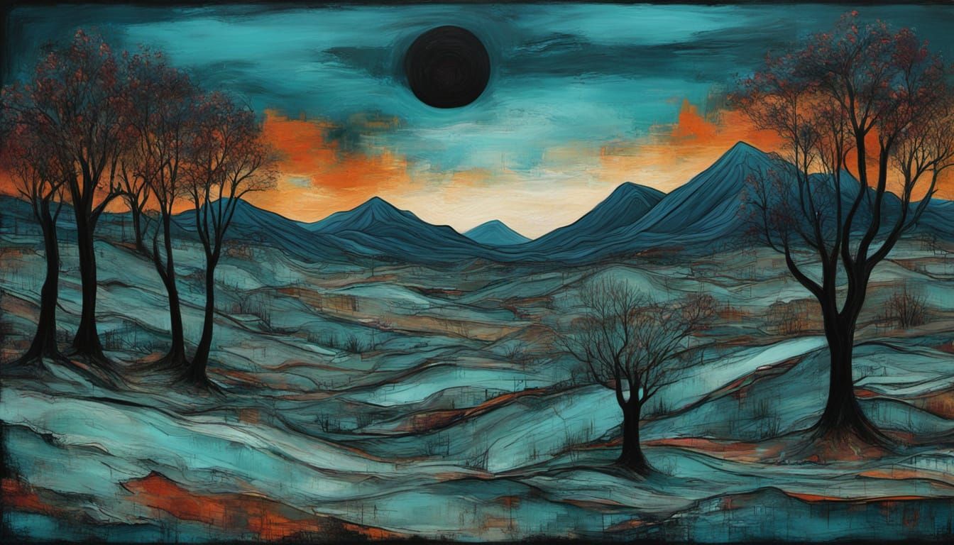 Abstract Surreal Landscape Painting in Cyberpunk Style