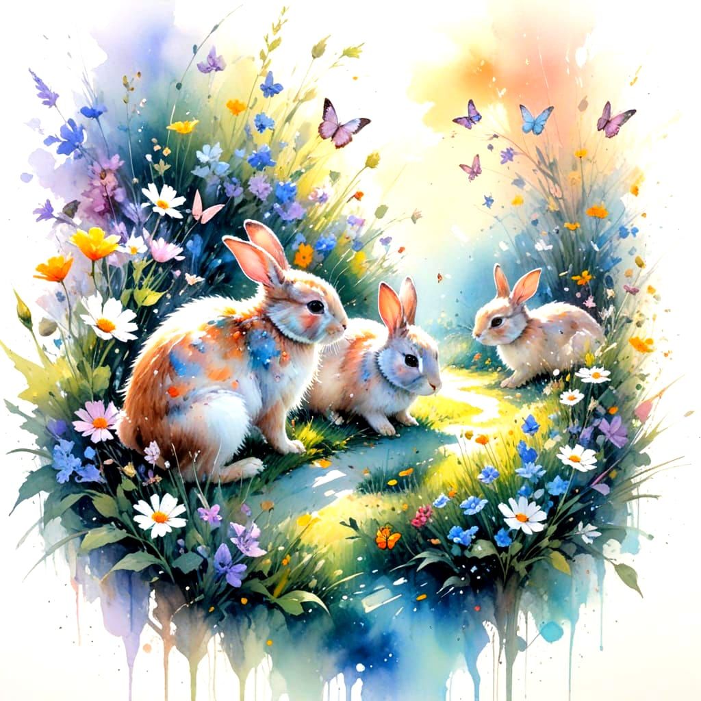 Whimsical Bunny Parade in Pastel Meadow