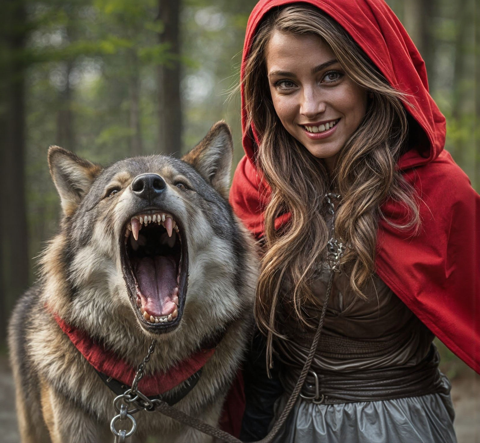 Red Riding Hood With Growling Wolf on Leash
