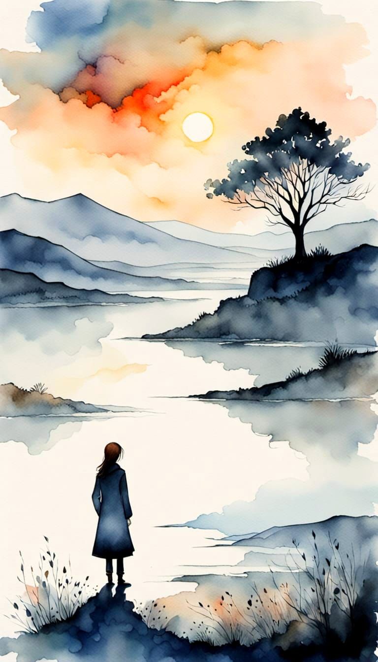 Mysterious Woman in Desolate Landscape: Watercolor Ink Drawi...