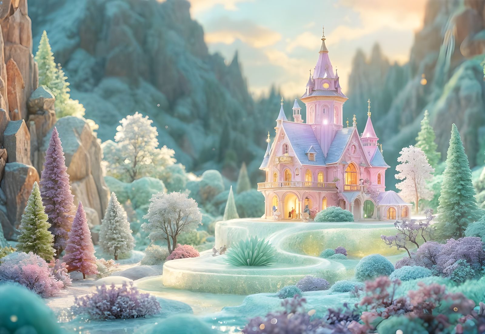 Radiant Porcelain Teaspoons in a Glass Fantasy Landscape