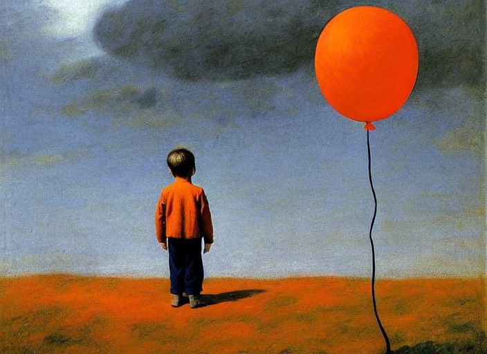 Boy with Orange Balloon in Wasteland