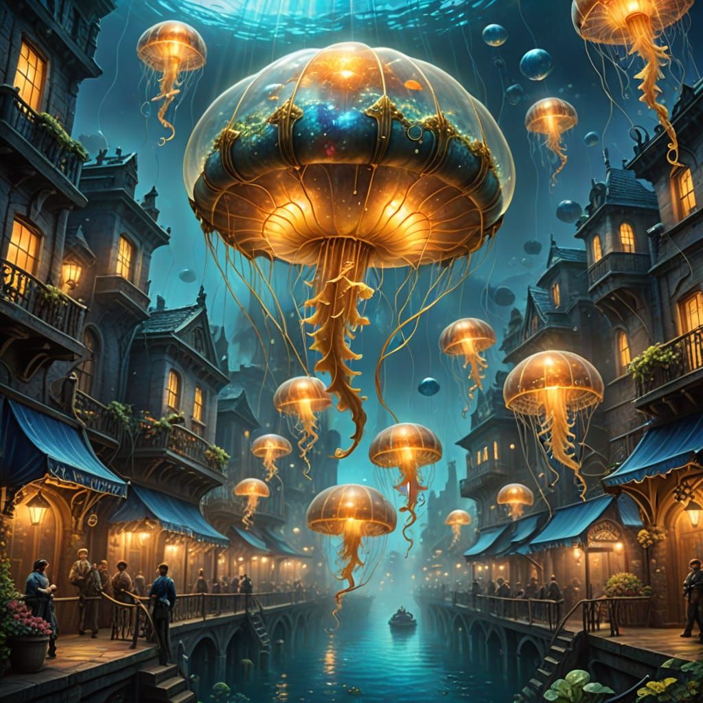 Captain Nemo's Luminous Underwater City in Kinkade Style