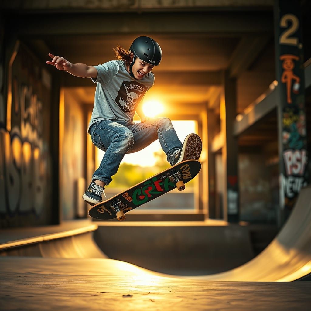 Youthful Skater Soars Through Urban Skate Park in Vibrant Gr...