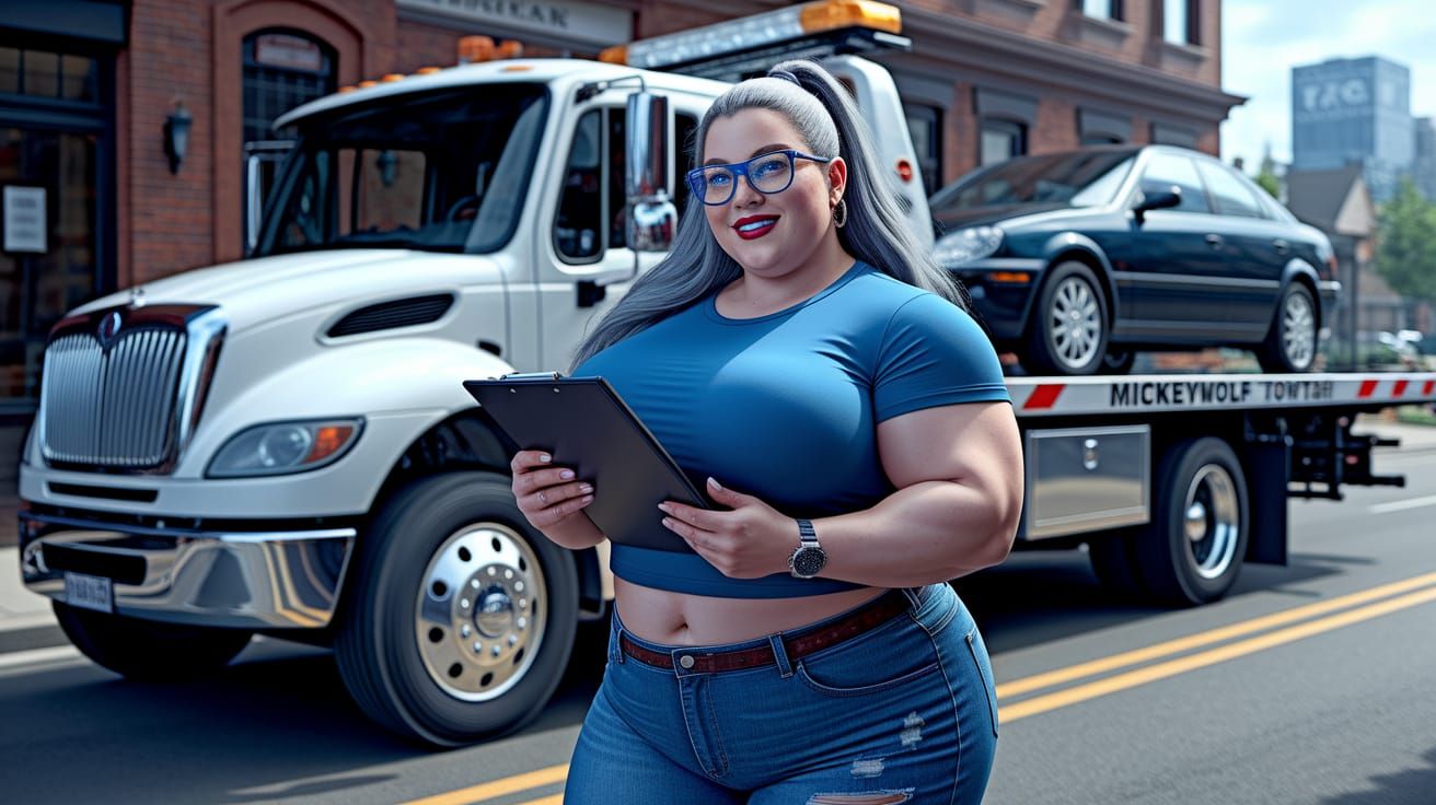Realistic Plus Size Female Towing Expert in a Tow Truck