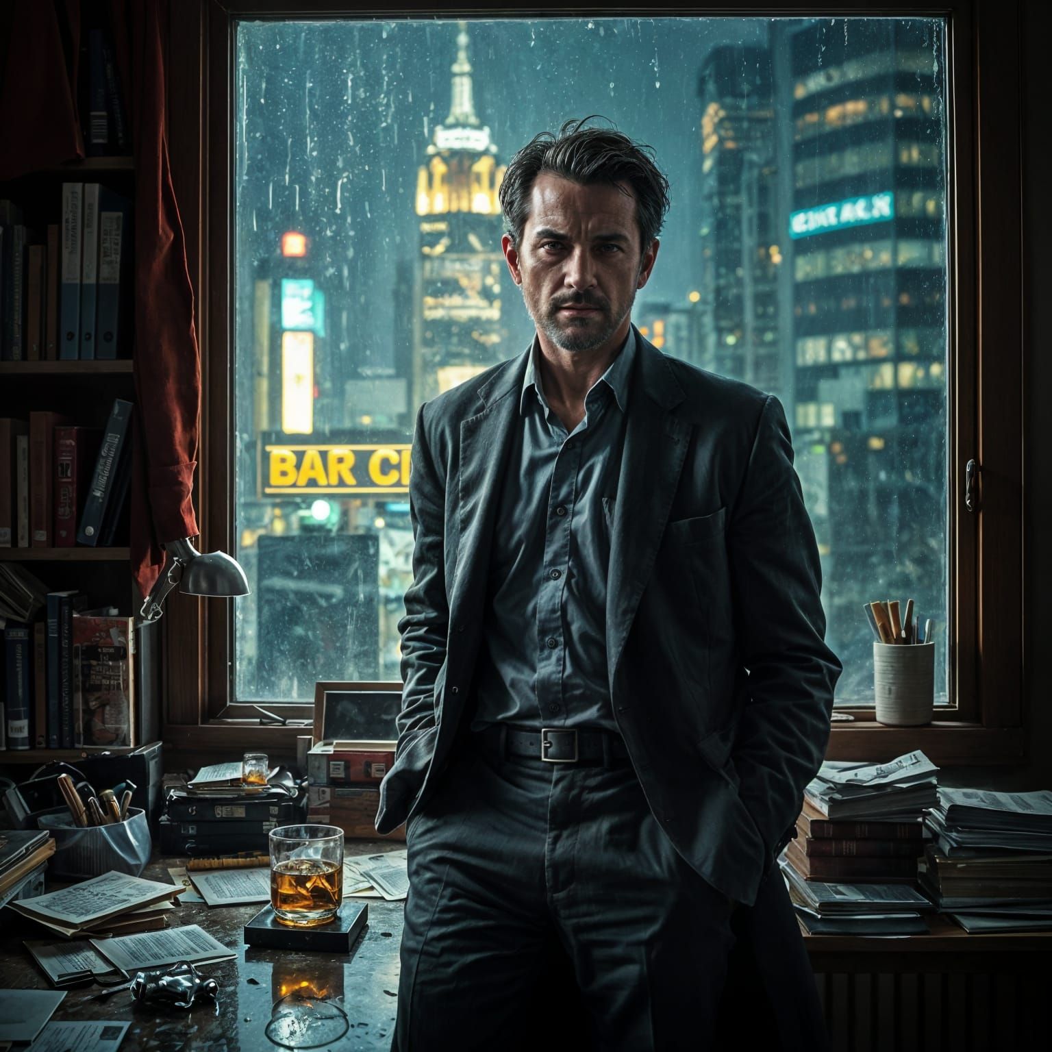 Noir Detective in Rain-Streaked Cityscape