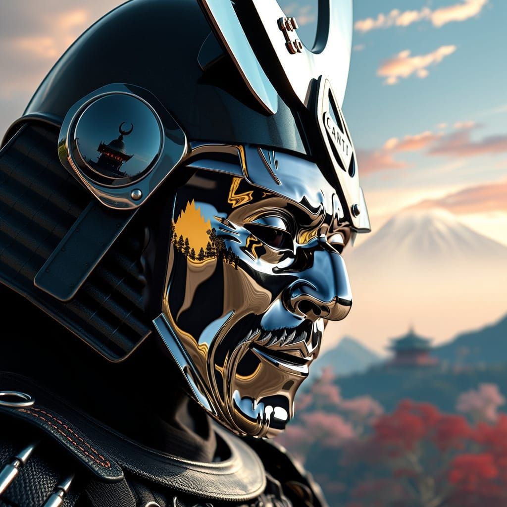 Samurai Mask Reflects Japanese Landscape in Chrome