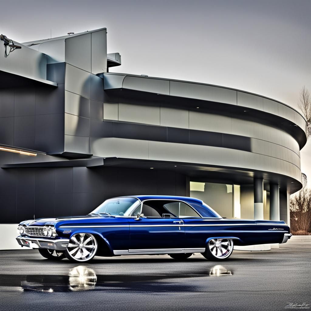 A beautiful classic 1962 lowered dark blue Chevrolet Impala
