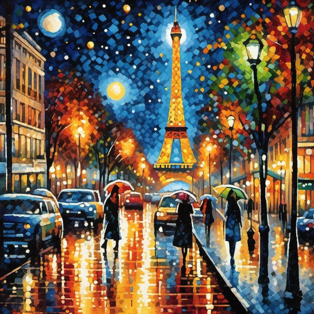 Paris Eiffel Tower at Midnight in Dadaist Style