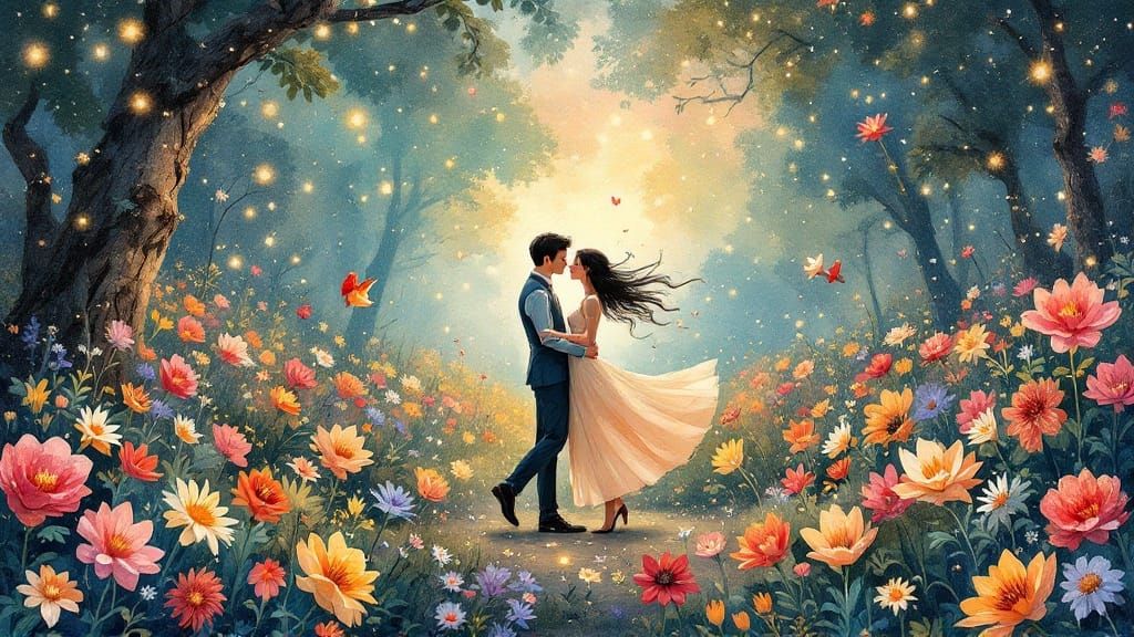 Dreamlike Garden Romance in Vibrant Watercolor