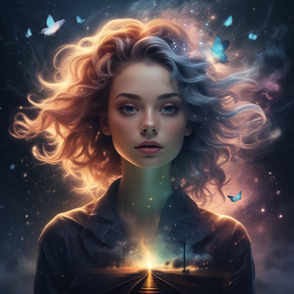 Surreal Portrait of a Woman in Cosmic Star Smoke