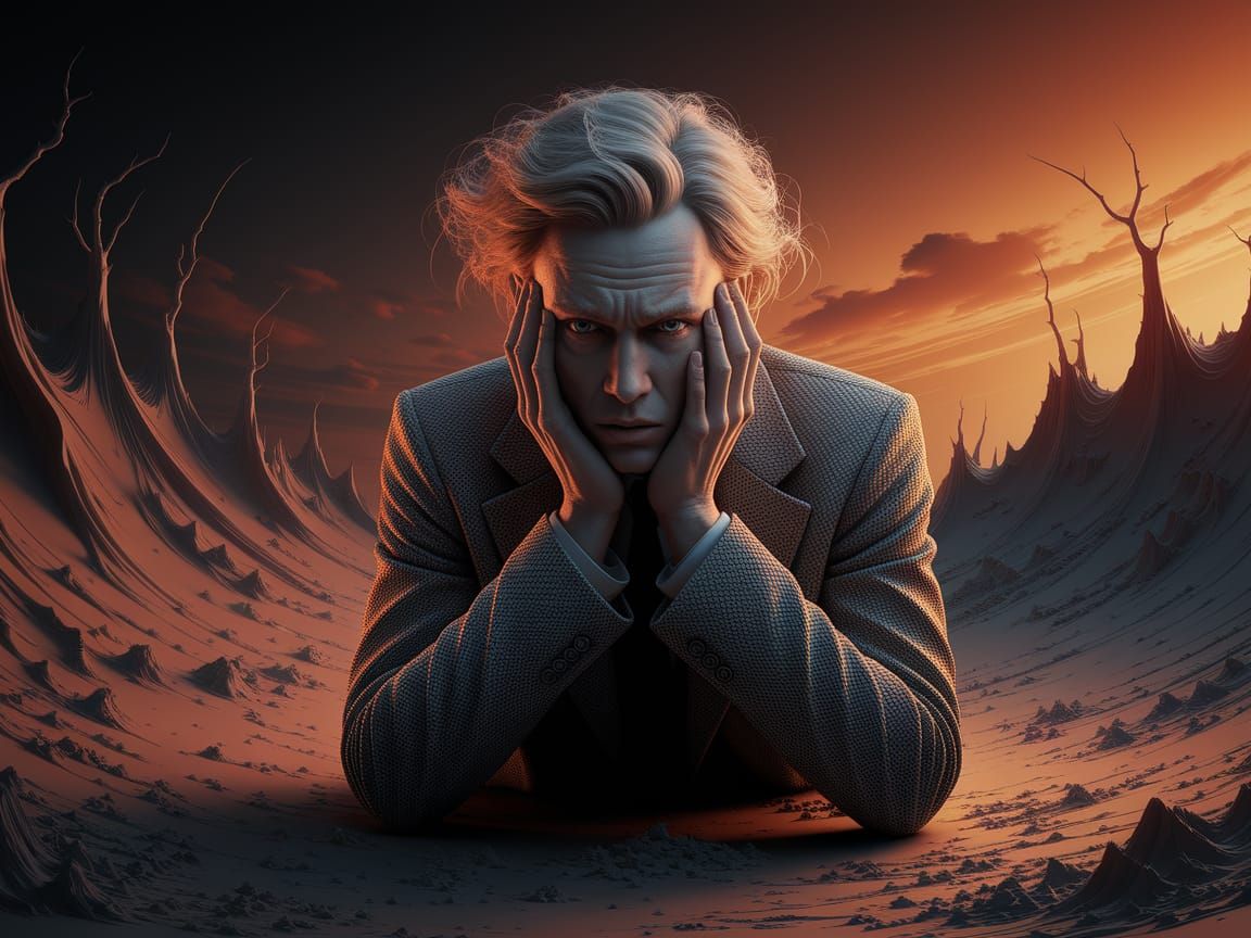 Unique Portrait of Disappointment in Surreal Landscape