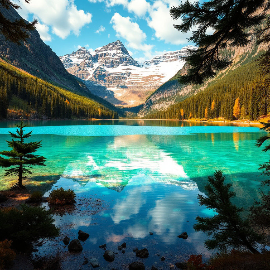 Iridescent Mountain Lake Reflecting Seasonal Colors