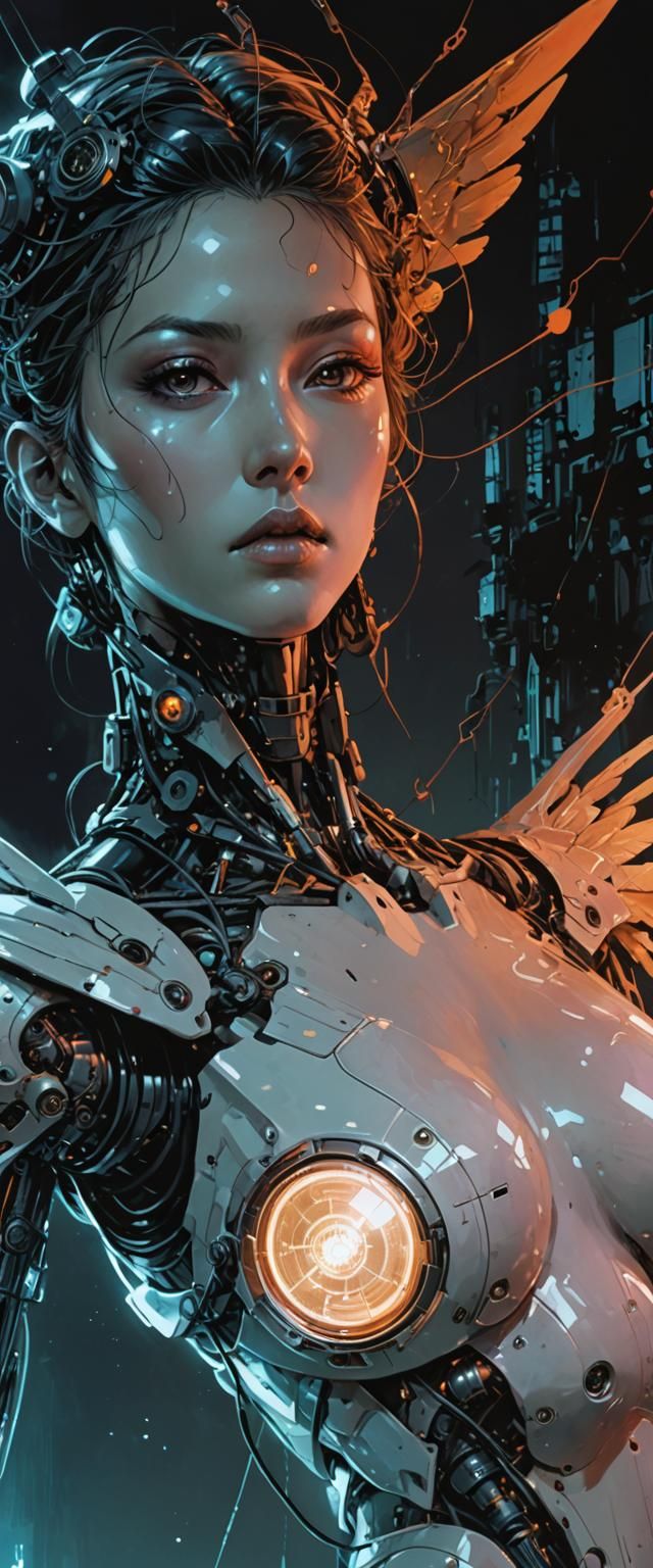 Maximalism hyperreal science fiction glowing nuclear humanoid angel creature, science fiction cover illustration , (no l...